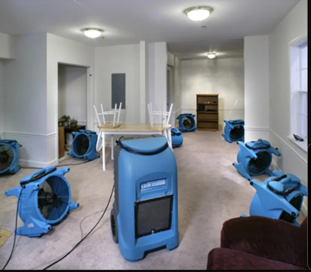 Air movers and dehumidifier setup for Water Damage Restoration in Linden